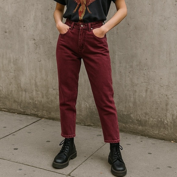 GSAF Denim - Vintage 90s GSAF High Waist Mom Jeans Burgundy Red Tapered Leg Denim Mexico Sz 6